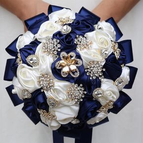 Handmade Rhinestone Brooch Satin Bridal Bouquet,7.5inches Crystal Wedding Round Tossing Bouquet, Artificial Flower Bunch with Diamond Pearl Ribbon