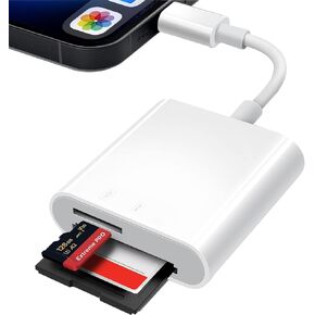 3 in 1 SD Card Reader for iPhone, Square Card Reader Memory Card Adapter Micro Card Reader Plug and Play Trail Camera Viewer with Dual Slot,Camera Accessories No Need App
