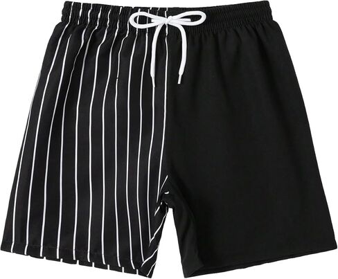 OYOANGLE Boy's Color Block Cartoon Graphic Board Swim Trunks Drawstring Waist Bathing Suit Beach Shorts Black Letter 14Y in Saudi Arabia