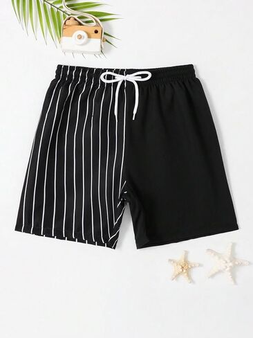 OYOANGLE Boy's Color Block Cartoon Graphic Board Swim Trunks Drawstring Waist Bathing Suit Beach Shorts Black Letter 14Y in Saudi Arabia