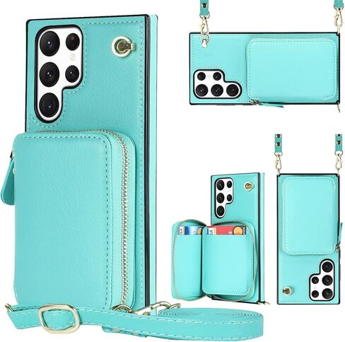 حافظة لهاتف سامسونج جالاكسي S24 الترا مع حزام كروس، حافظة هاتف جلدية فائقة الجودة للنساء والفتيات جالاكسي S24 مع حامل بطاقة سامسونج جالاكسي S24 الترا بسحاب حافظة واقية خضراء in Kuwait