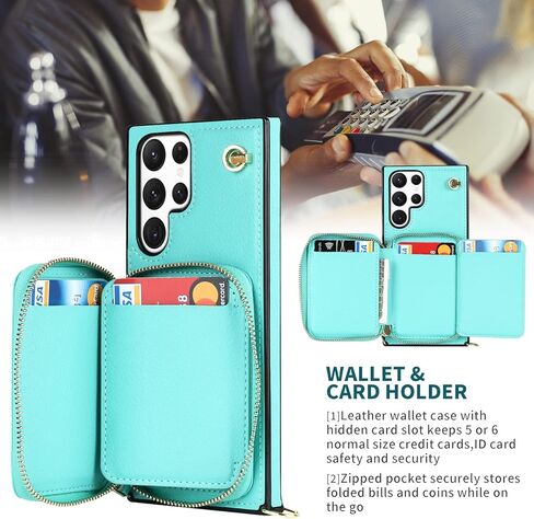 حافظة لهاتف سامسونج جالاكسي S24 الترا مع حزام كروس، حافظة هاتف جلدية فائقة الجودة للنساء والفتيات جالاكسي S24 مع حامل بطاقة سامسونج جالاكسي S24 الترا بسحاب حافظة واقية خضراء in Kuwait