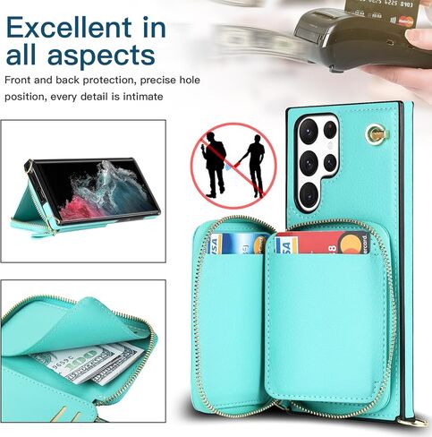 حافظة لهاتف سامسونج جالاكسي S24 الترا مع حزام كروس، حافظة هاتف جلدية فائقة الجودة للنساء والفتيات جالاكسي S24 مع حامل بطاقة سامسونج جالاكسي S24 الترا بسحاب حافظة واقية خضراء in Kuwait