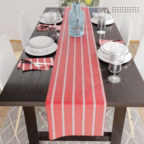 Encasa Cotton Table Runner | Size 13x94 in | Ticking Navy Blue - Machine Washable in Saudi Arabia