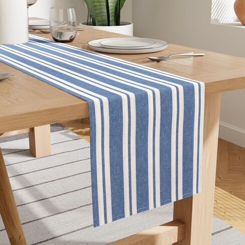 Encasa Cotton Table Runner | Size 13x94 in | Ticking Navy Blue - Machine Washable in Saudi Arabia