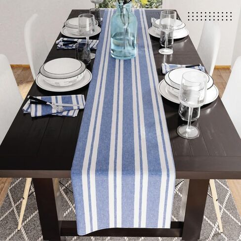 Encasa Cotton Table Runner | Size 13x94 in | Ticking Navy Blue - Machine Washable in Saudi Arabia