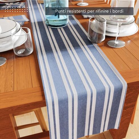 Encasa Cotton Table Runner | Size 13x94 in | Ticking Navy Blue - Machine Washable in Saudi Arabia