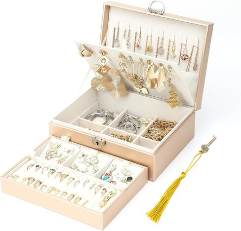 BOOVO Earring Jewelry Box For Women Girl Stud Organizer, 4 Layers Girl Jewelry Organizer Box With Lock Earring Holder Organizer Necklace Ring Jewelry Organizer Box For Girls (Rose Gold, 4 layer) in Saudi Arabia
