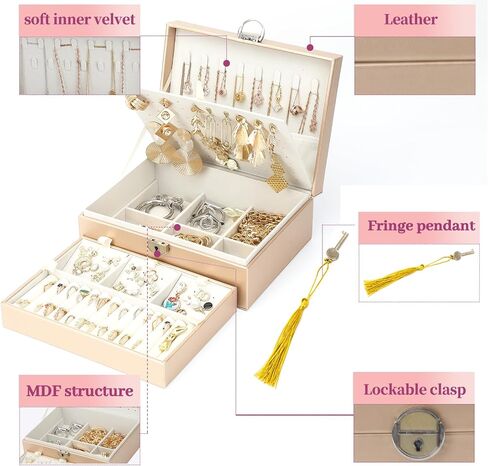 BOOVO Earring Jewelry Box For Women Girl Stud Organizer, 4 Layers Girl Jewelry Organizer Box With Lock Earring Holder Organizer Necklace Ring Jewelry Organizer Box For Girls (Rose Gold, 4 layer) in Saudi Arabia