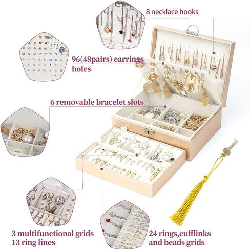 BOOVO Earring Jewelry Box For Women Girl Stud Organizer, 4 Layers Girl Jewelry Organizer Box With Lock Earring Holder Organizer Necklace Ring Jewelry Organizer Box For Girls (Rose Gold, 4 layer) in Saudi Arabia