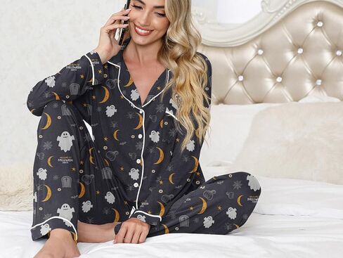 PrinStory Women's Pajamas Set Long Sleeve Sleepwear Casual Loungewear Soft Button Down Pjs Set with Pockets in Kuwait