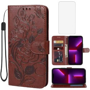 for iPhone 13 Case, iPhone 14 Wallet Case with Tempered Glass Screen Protector, Flower Leather Flip Protective Case Credit Card Holder Stand Phone Cover for iPhone 14 Red