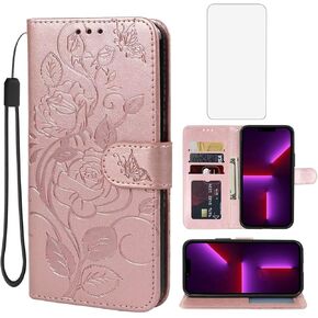 for iPhone 13 Case, iPhone 14 Wallet Case with Tempered Glass Screen Protector, Flower Leather Flip Protective Case Credit Card Holder Stand Phone Cover for iPhone 14 Red