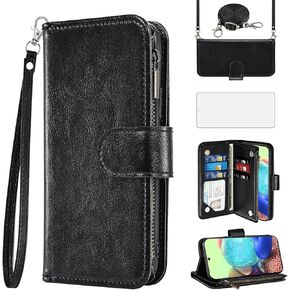 Asuwish Phone Case for Samsung Galaxy A71 5G Wallet Cell Cover with Tempered Glass Screen Protector Crossbody Strap Flip Zipper Card Holder Credit Folio Slot Stand A 71 G5 71A S71 Women Girls Men Blue
