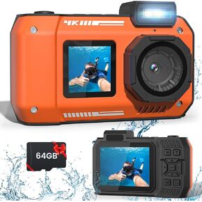 Upgraded 8K 70MP Underwater Camera with 64G Card, 33FT Waterproof Camera Rugged Dustproof Shockproof for Snorkeling, Selfie Digital Camera for Diving, Dual-Screen Underwater Photography Camera
