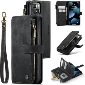 UEEBAI Wallet Case for iPhone 13 Pro Max 6.7 inch, Premium Handmade PU Leather Phone Case Card Slots Magnetic Closure Zipper Pocket Kickstand Flip Case with Hand Strap - Vintage Black