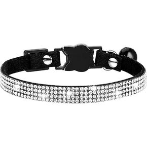 Pimaodog Rhinestones Dog Collar, Cute Dazzling Sparkling Soft Suede Leather Pet Cat Puppy Collars with Bell Soft Velvet Crystal Collars Girl Jeweled Necklace (Black-1)