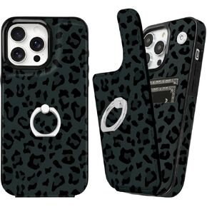 Compatible with iPhone 15 Case,Ring Holder Stand,RFID-Blocking,Magnetic Clasp,Leather Protective Flip Cover for iPhone 15/14 6.1 inch Case 2023 (Black Leopard)