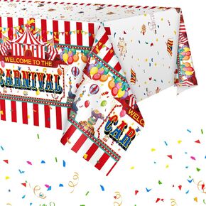 3 Pack Carnival Theme Party Tablecloth 54 x 108 Inch Circus Theme Table Decorations Red and White Striped Table Cover Plastic Waterproof for Carnival Night Birthday Movie Party Supply