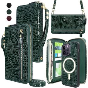 Harryshell Detachable Crossbody for iPhone 14 Pro Max Case Wallet Compatible with MagSafe Wireless Charging 5 Card Slots Cash Coin Dual Layer Zippers Pocket Shoulder Wrist Strap (Crocodile Black)