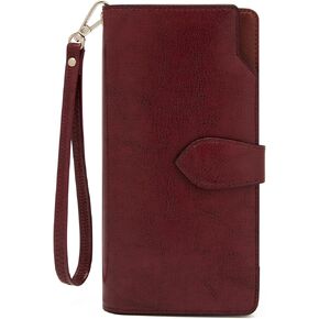 FOXLOVER Genuine Leather Wallets for Women RFID Blocking Large Capacity Credit Card Holder with Wristlet Clutch (Wine Red)