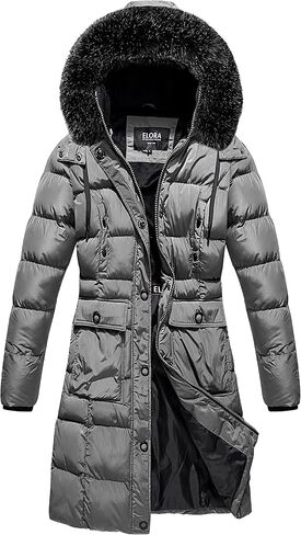 ELORA Heavyweight Women's Vegan Puffer Mid-Length Cargo Coat with Faux Fur Trim Removable Hood in Kuwait