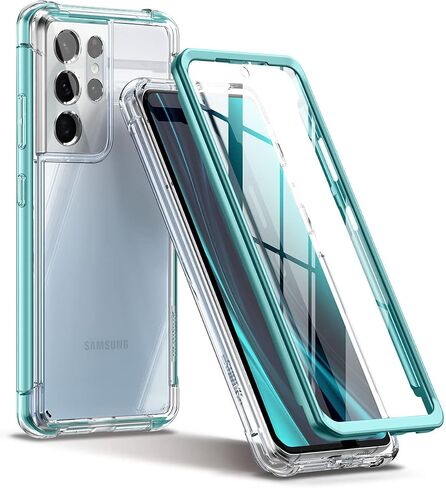 SURITCH for Samsung Galaxy S21 Ultra Clear Case 6.8" (Only), [Built-in Screen Protector] Full Body Protective Hard Shell+Soft TPU Phone Case for Samsung S21 Ultra -(Full Clear) in Kuwait