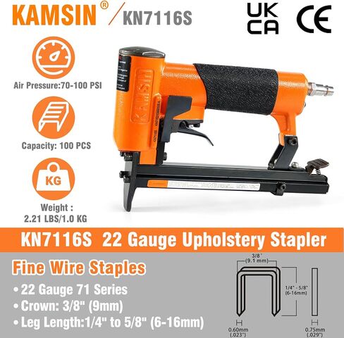Kamsin KN7116S 22 Gauge Pneumatic Upholstery Stapler Continuous Firing 3/8-Inch Crown  1/4-Inch to 5/8-Inch Leg Length Fine Wire Stapler ,Furniture Stapler for Furniture and Fabric (KN7116S) in Saudi Arabia