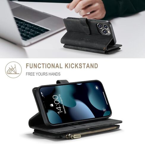 UEEBAI Wallet Case for iPhone 13 Pro Max 6.7 inch, Premium Handmade PU Leather Phone Case Card Slots Magnetic Closure Zipper Pocket Kickstand Flip Case with Hand Strap - Vintage Black in Saudi Arabia