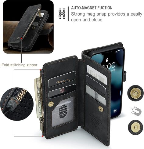 UEEBAI Wallet Case for iPhone 13 Pro Max 6.7 inch, Premium Handmade PU Leather Phone Case Card Slots Magnetic Closure Zipper Pocket Kickstand Flip Case with Hand Strap - Vintage Black in Saudi Arabia