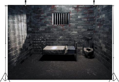 BELECO 7x5ft Fabric Prison Cell Backdrop Prison Forbidden Room Photography Backdrop Dark Jail Cell with Bed Bloodstains for Murder Mystery Crime Scene Party Decorations Kids Adults Photo Props in Saudi Arabia