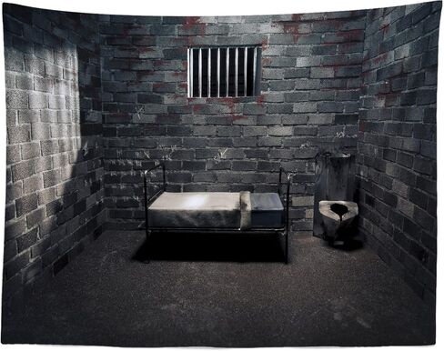BELECO 7x5ft Fabric Prison Cell Backdrop Prison Forbidden Room Photography Backdrop Dark Jail Cell with Bed Bloodstains for Murder Mystery Crime Scene Party Decorations Kids Adults Photo Props in Saudi Arabia