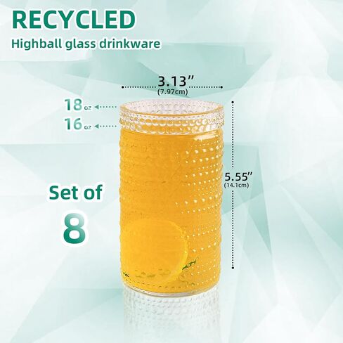 مجموعة أكواب الشرب من Hobnail مكونة من 8-16 أونصة مصنوعة يدويًا من الزجاج المُعاد تدويره والمطرز بالخرز - للويسكي والنبيذ والكوكتيلات - أكواب الشرب العتيقة، شفافة in Kuwait
