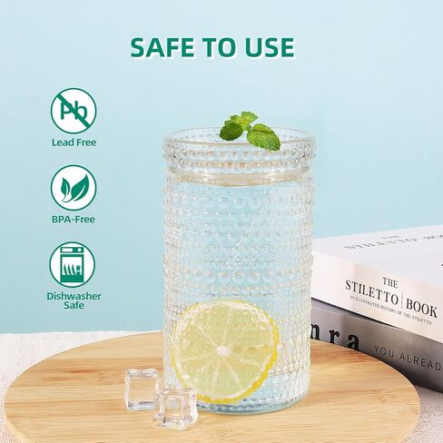 مجموعة أكواب الشرب من Hobnail مكونة من 8-16 أونصة مصنوعة يدويًا من الزجاج المُعاد تدويره والمطرز بالخرز - للويسكي والنبيذ والكوكتيلات - أكواب الشرب العتيقة، شفافة in Kuwait