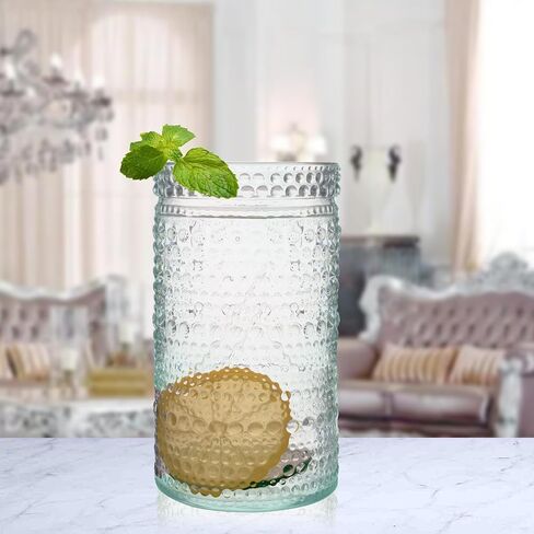 مجموعة أكواب الشرب من Hobnail مكونة من 8-16 أونصة مصنوعة يدويًا من الزجاج المُعاد تدويره والمطرز بالخرز - للويسكي والنبيذ والكوكتيلات - أكواب الشرب العتيقة، شفافة in Kuwait