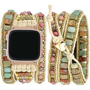 Compatible with Fitbit Versa/Versa 2/Versa Lite/Versa SE Bands Boho Beads Bracelets,Multilayer 5 Wraps Chakra Leather Handmade Braided Stone Love Heart Floral Rope Watch Strap for Women Men in Saudi Arabia