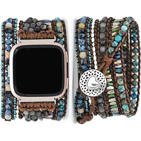 Compatible with Fitbit Versa/Versa 2/Versa Lite/Versa SE Bands Boho Beads Bracelets,Multilayer 5 Wraps Chakra Leather Handmade Braided Stone Love Heart Floral Rope Watch Strap for Women Men