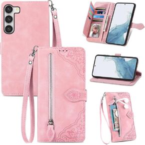 Cases for Galaxy S23+ Wallet Case for Women Samsung S23 Plus Case with Card Holder Embossed Flower Zipper Wallet PU Leather Protective Cover with Lanyard for Samsung Galaxy S23+ 6.6" Purple