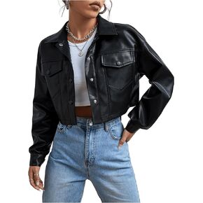 MakeMeChic Women's Faux Leather Crop Jacket Button Down Pocket Cropped Motorcycle Jacket