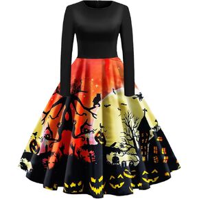 Halloween Dresses Womens Long Sleeve Cocktail Swing Dress Skeleton Pumpkin Printed Cosplay Party Costume