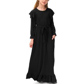 BesserBay Girls Fall Ruffle Long Sleeve Tie Waist Maxi Dress with Pockets 5-14 Years