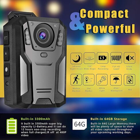 Aolbea 1440P QHD Police Body Camera Built-in 64GB Record Video Audio Picture 2.0" LCD Infrared Night Vision,3300 mAh Battery Waterproof Shockproof Lightweight Data-encrypt for Law Enforcement Record in Saudi Arabia