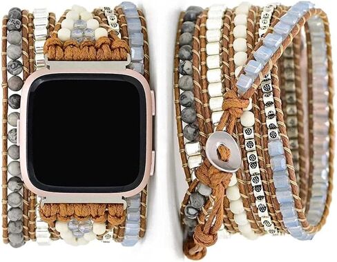Compatible with Fitbit Versa/Versa 2/Versa Lite/Versa SE Bands Boho Beads Bracelets,Multilayer 5 Wraps Chakra Leather Handmade Braided Stone Love Heart Floral Rope Watch Strap for Women Men in Saudi Arabia