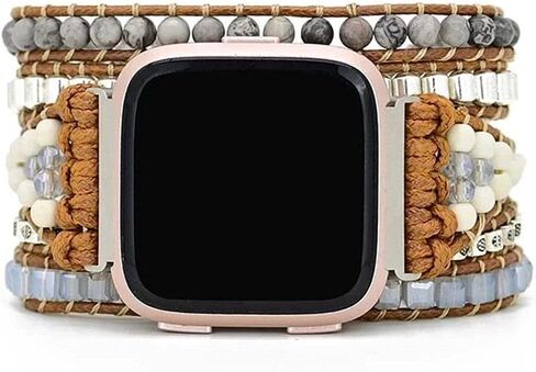 Compatible with Fitbit Versa/Versa 2/Versa Lite/Versa SE Bands Boho Beads Bracelets,Multilayer 5 Wraps Chakra Leather Handmade Braided Stone Love Heart Floral Rope Watch Strap for Women Men in Saudi Arabia