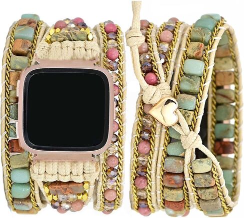 متوافق مع أساور Fitbit Versa/Versa 2/Versa Lite/Versa SE Bands Boho Beads، متعددة الطبقات 5 لفات من جلد شقرا مصنوعة يدويًا من حجر الحب المضفر على شكل قلب زهري للنساء والرجال in Saudi Arabia