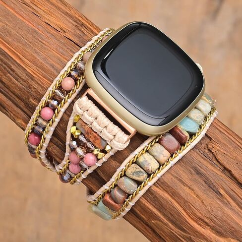 متوافق مع أساور Fitbit Versa/Versa 2/Versa Lite/Versa SE Bands Boho Beads، متعددة الطبقات 5 لفات من جلد شقرا مصنوعة يدويًا من حجر الحب المضفر على شكل قلب زهري للنساء والرجال in Saudi Arabia