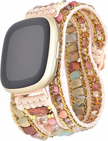 متوافق مع أساور Fitbit Versa/Versa 2/Versa Lite/Versa SE Bands Boho Beads، متعددة الطبقات 5 لفات من جلد شقرا مصنوعة يدويًا من حجر الحب المضفر على شكل قلب زهري للنساء والرجال in Saudi Arabia