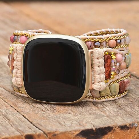 متوافق مع أساور Fitbit Versa/Versa 2/Versa Lite/Versa SE Bands Boho Beads، متعددة الطبقات 5 لفات من جلد شقرا مصنوعة يدويًا من حجر الحب المضفر على شكل قلب زهري للنساء والرجال in Saudi Arabia