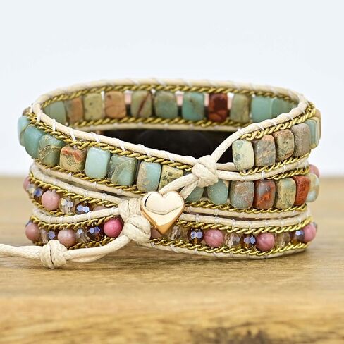 متوافق مع أساور Fitbit Versa/Versa 2/Versa Lite/Versa SE Bands Boho Beads، متعددة الطبقات 5 لفات من جلد شقرا مصنوعة يدويًا من حجر الحب المضفر على شكل قلب زهري للنساء والرجال in Saudi Arabia