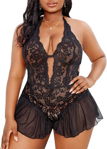OYOANGLE Women's Plus Size Cut Out Tie Back Halter Lace Teddy Romper Bodysuit Lingerie in Saudi Arabia